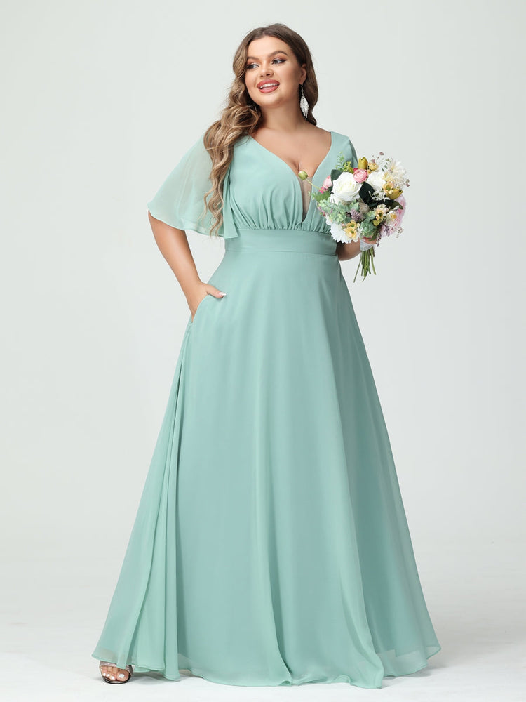 A-Line/Princess/Princess V-Neck Half Sleeves Chiffon Plus Size Bridesmaid Dresses with Pockets