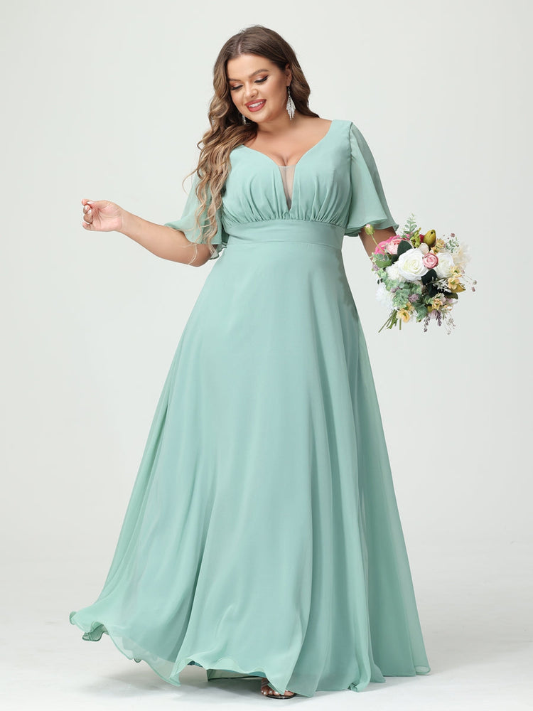 A-Line/Princess/Princess V-Neck Half Sleeves Chiffon Plus Size Bridesmaid Dresses with Pockets