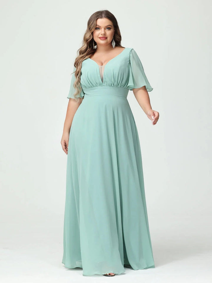 A-Line/Princess/Princess V-Neck Half Sleeves Chiffon Plus Size Bridesmaid Dresses with Pockets