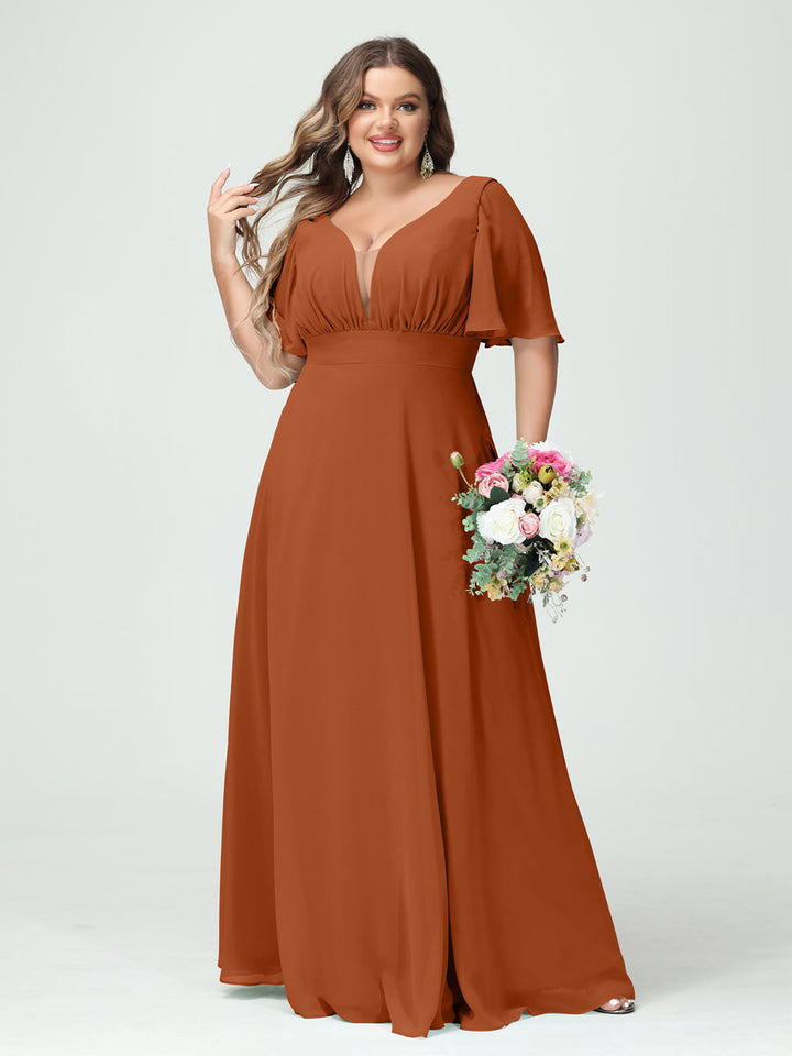 A-Line/Princess/Princess V-Neck Half Sleeves Chiffon Plus Size Bridesmaid Dresses with Pockets