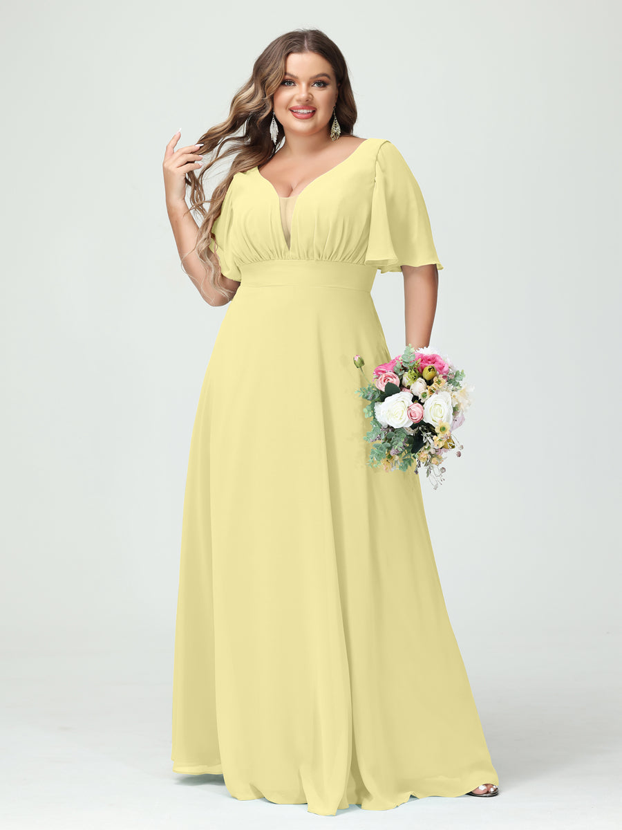 A-Line/Princess/Princess V-Neck Half Sleeves Chiffon Plus Size Bridesmaid Dresses with Pockets