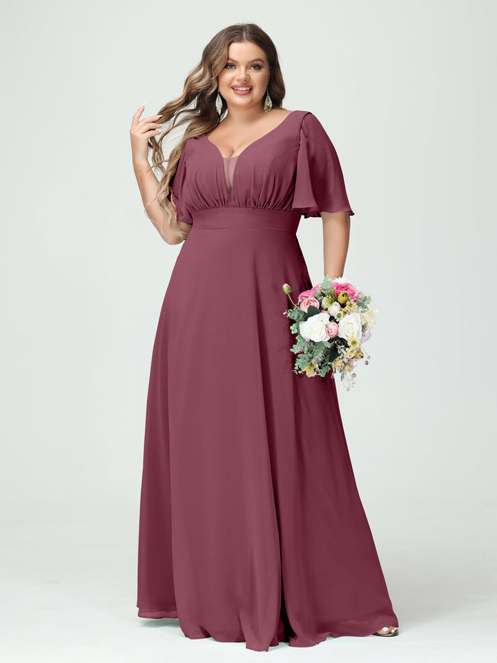 A-Line/Princess/Princess V-Neck Half Sleeves Chiffon Plus Size Bridesmaid Dresses with Pockets