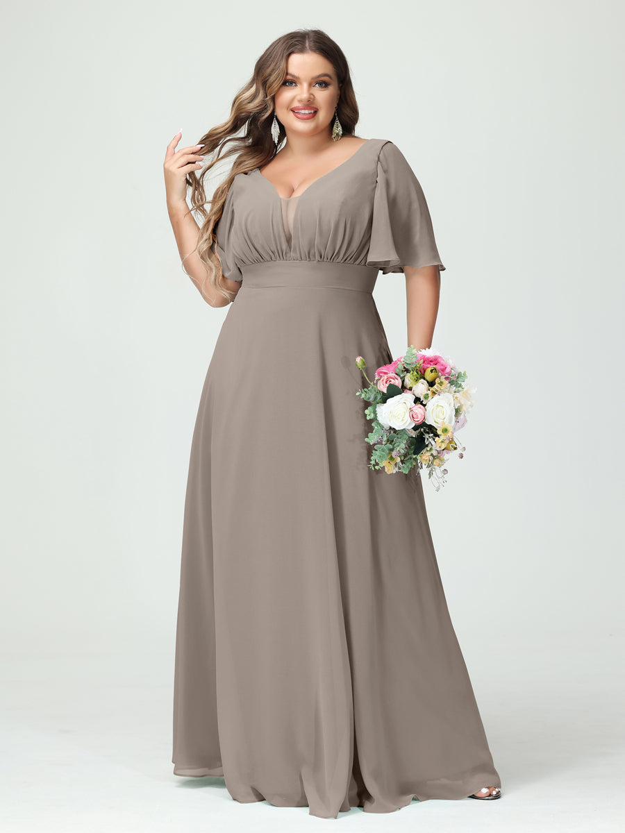 A-Line/Princess/Princess V-Neck Half Sleeves Chiffon Plus Size Bridesmaid Dresses with Pockets