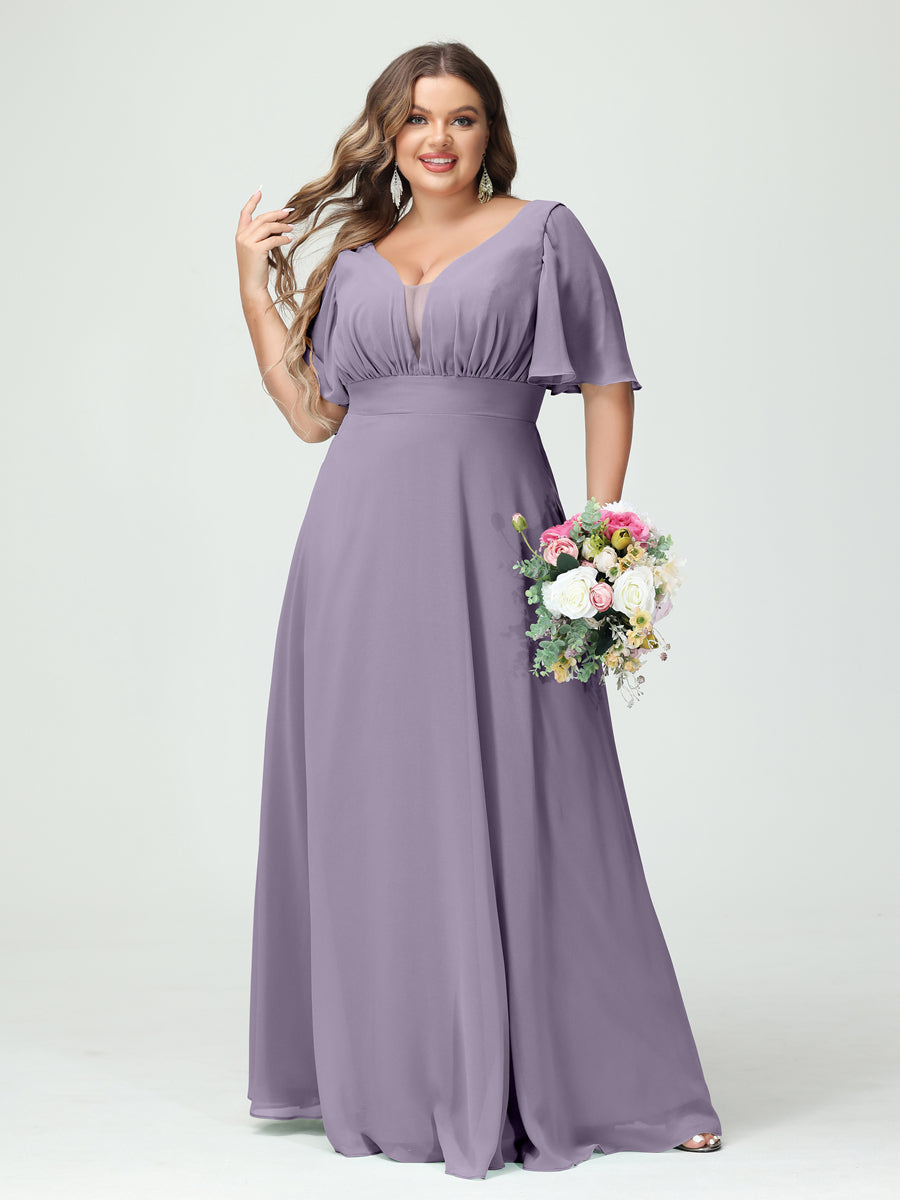 A-Line/Princess/Princess V-Neck Half Sleeves Chiffon Plus Size Bridesmaid Dresses with Pockets