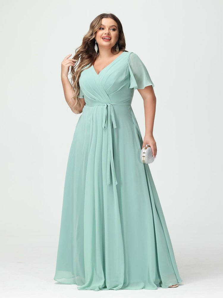 A-Line/Princess/Princess V-Neck Short Sleeves Plus Size Bridesmaid Dresses with Pockets Belt & Split Side