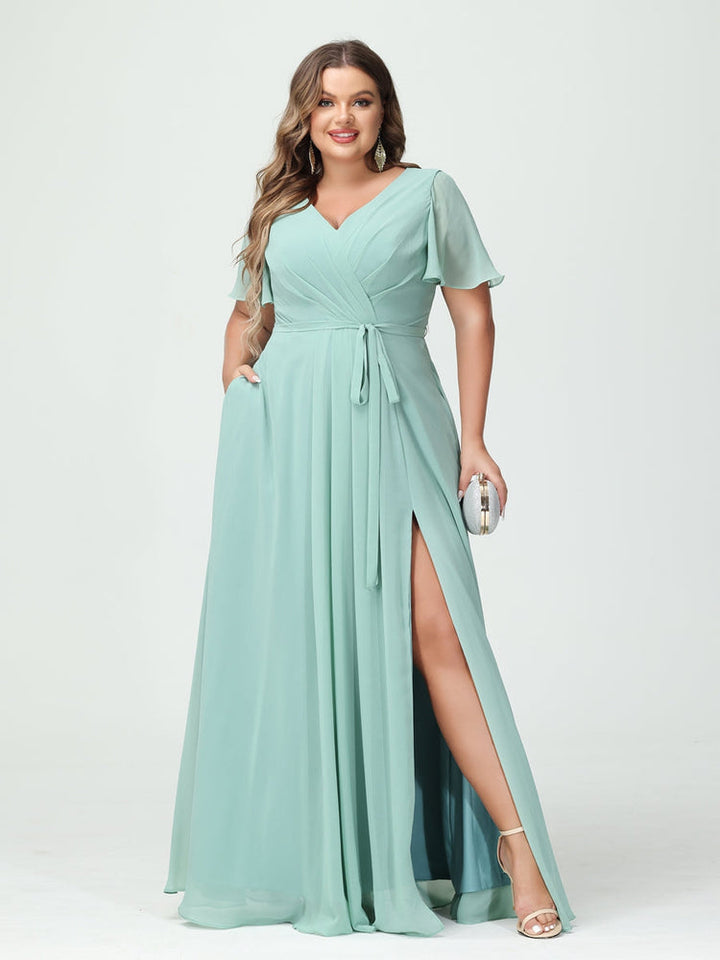 A-Line/Princess/Princess V-Neck Short Sleeves Plus Size Bridesmaid Dresses with Pockets Belt & Split Side