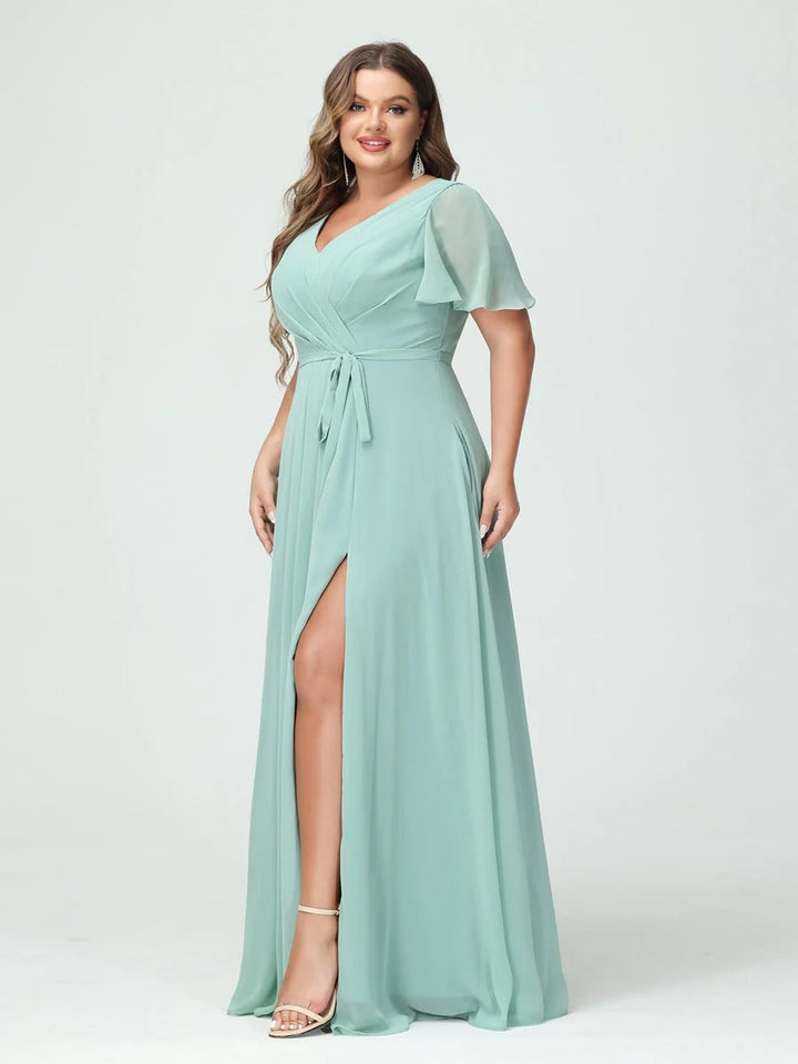 A-Line/Princess/Princess V-Neck Short Sleeves Plus Size Bridesmaid Dresses with Pockets Belt & Split Side