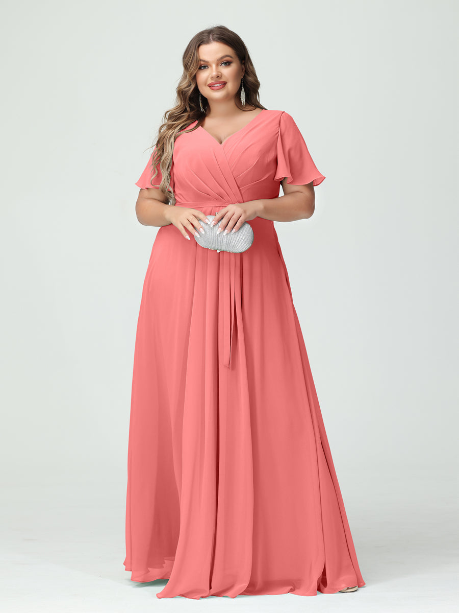 A-Line/Princess/Princess V-Neck Short Sleeves Plus Size Bridesmaid Dresses with Pockets Belt & Split Side