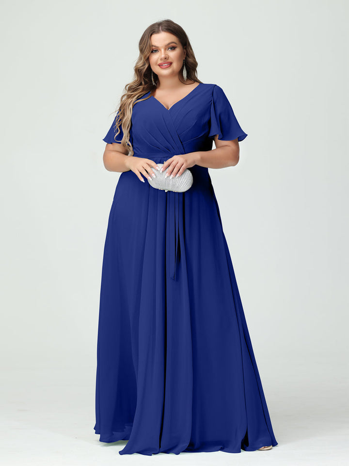 A-Line/Princess/Princess V-Neck Short Sleeves Plus Size Bridesmaid Dresses with Pockets Belt & Split Side