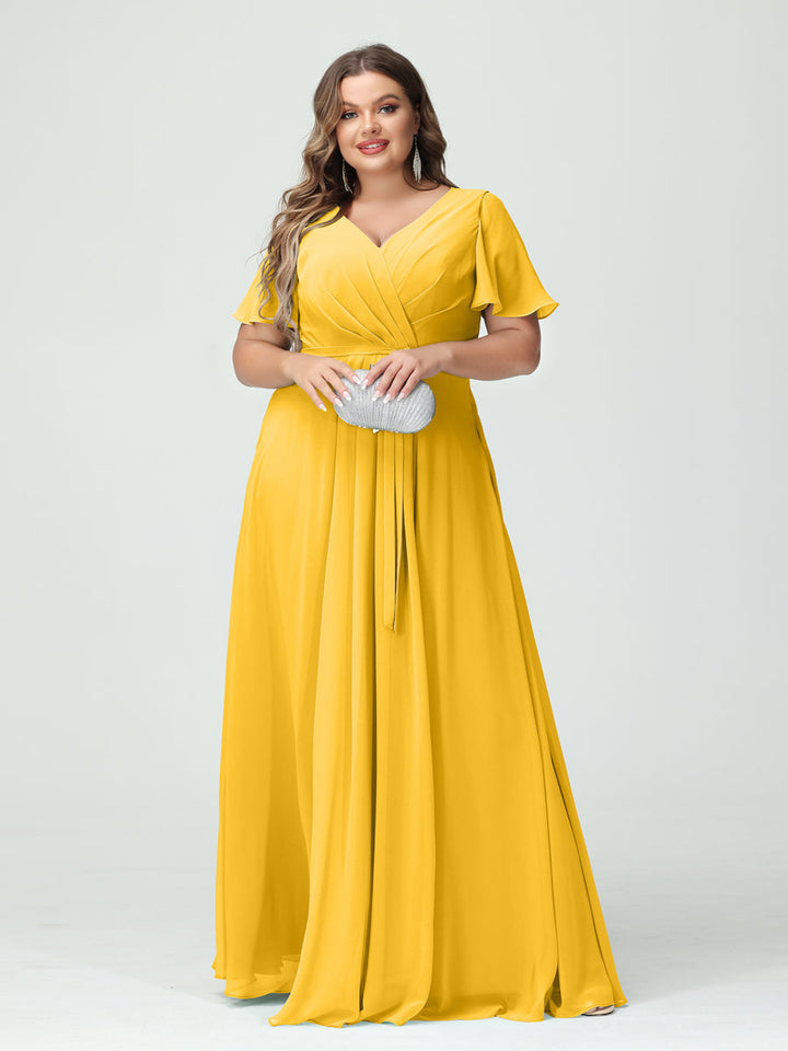 A-Line/Princess/Princess V-Neck Short Sleeves Plus Size Bridesmaid Dresses with Pockets Belt & Split Side