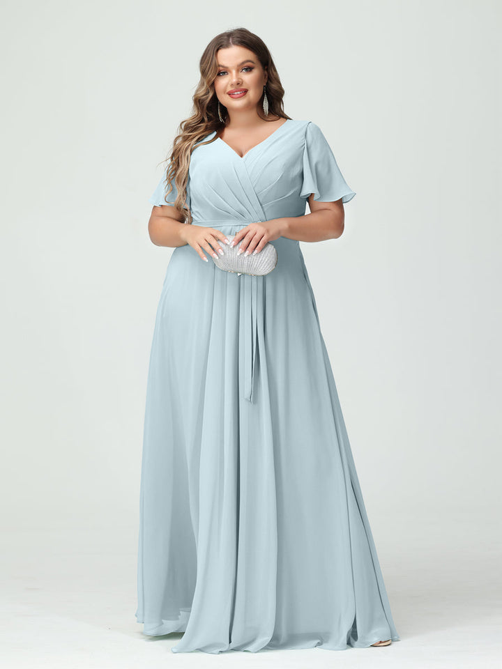 A-Line/Princess/Princess V-Neck Short Sleeves Plus Size Bridesmaid Dresses with Pockets Belt & Split Side