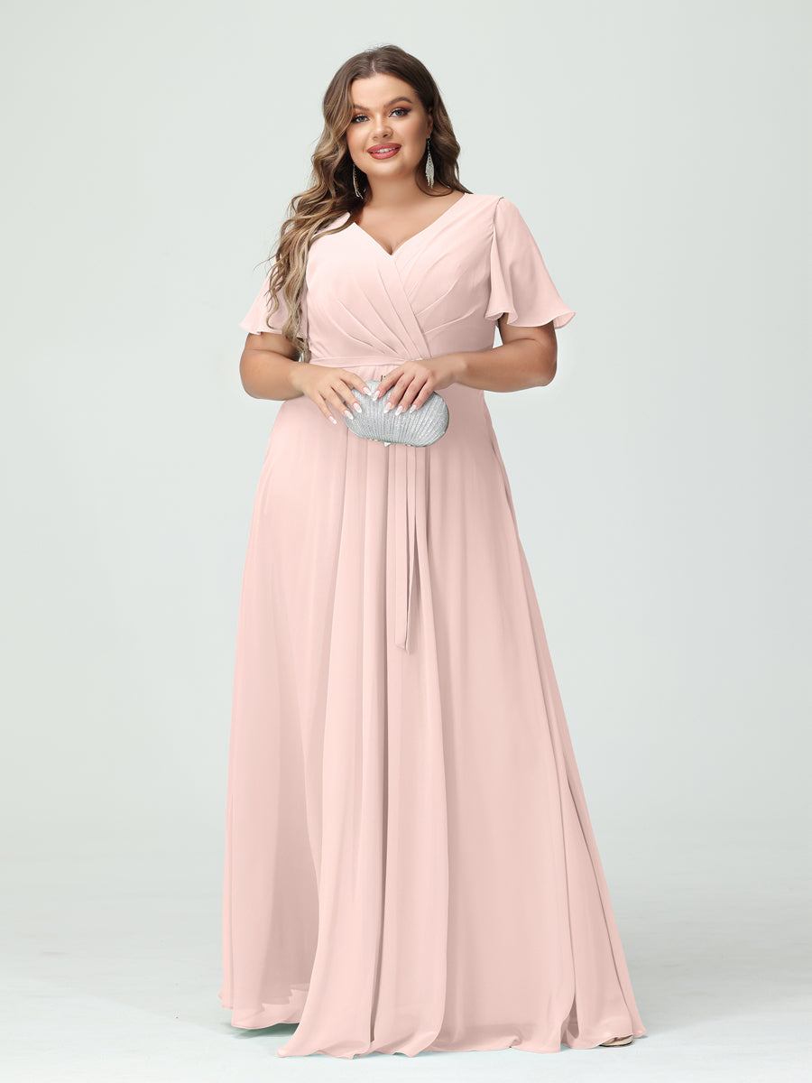 A-Line/Princess/Princess V-Neck Short Sleeves Plus Size Bridesmaid Dresses with Pockets Belt & Split Side