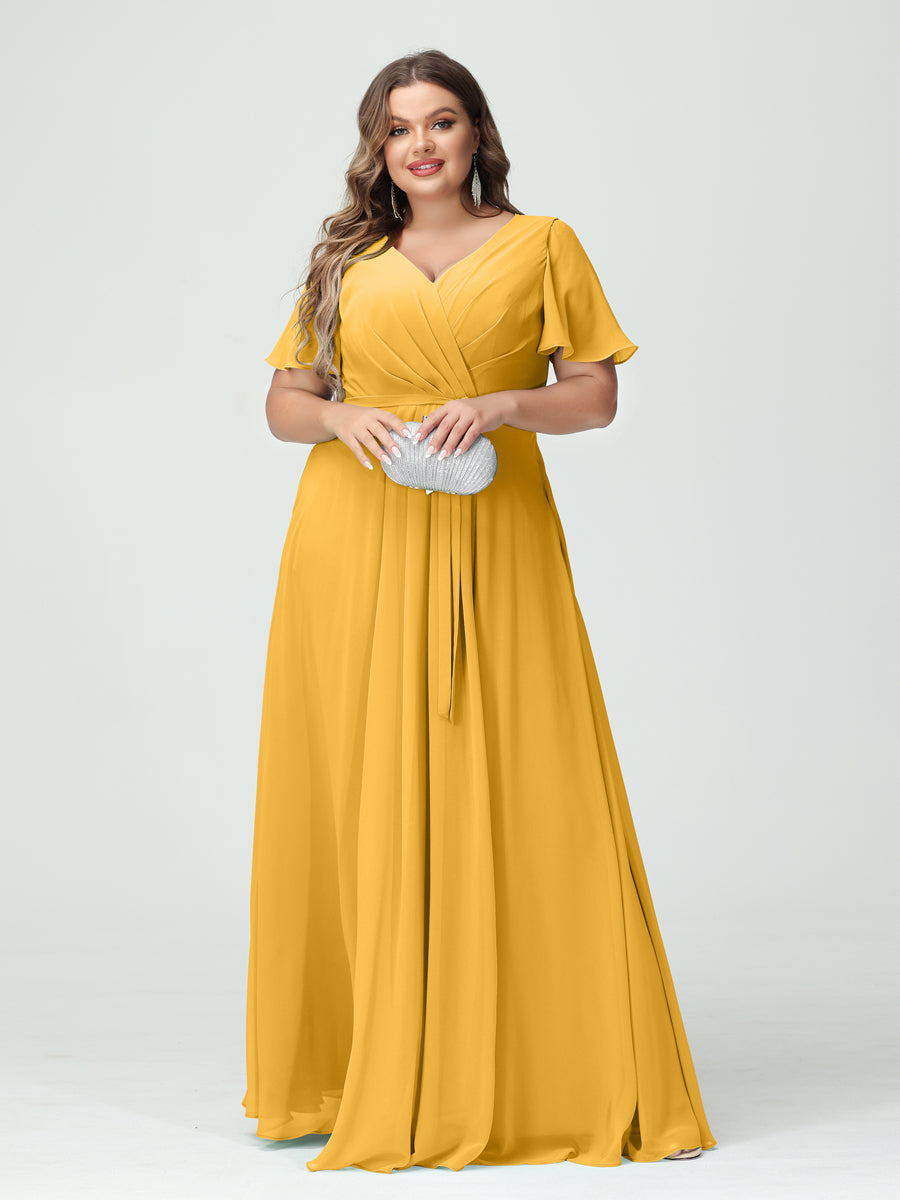 A-Line/Princess/Princess V-Neck Short Sleeves Plus Size Bridesmaid Dresses with Pockets Belt & Split Side