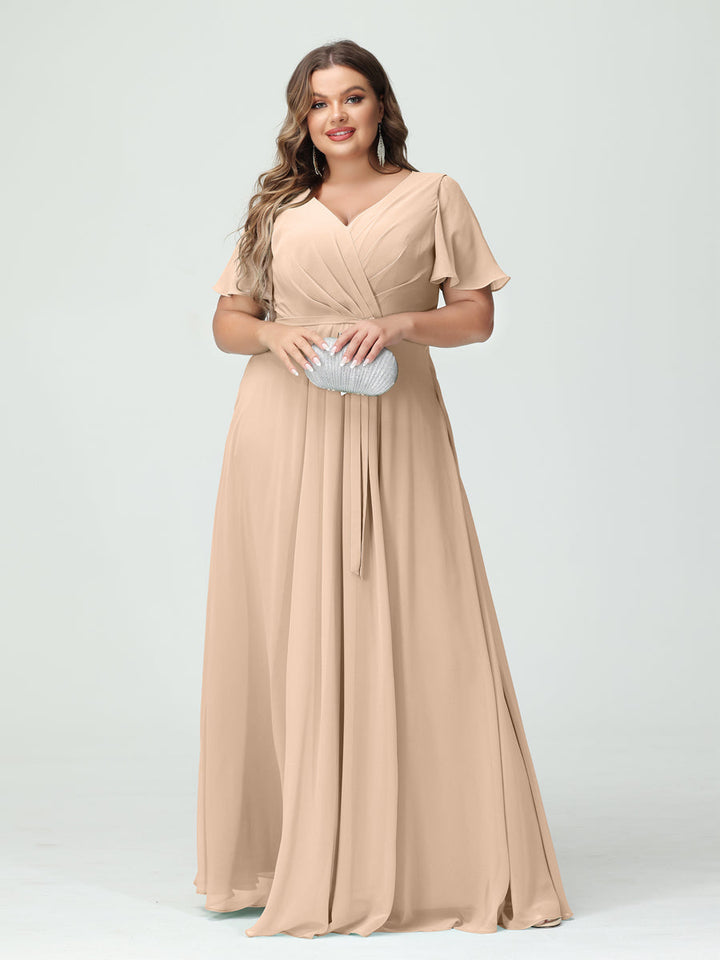 A-Line/Princess/Princess V-Neck Short Sleeves Plus Size Bridesmaid Dresses with Pockets Belt & Split Side