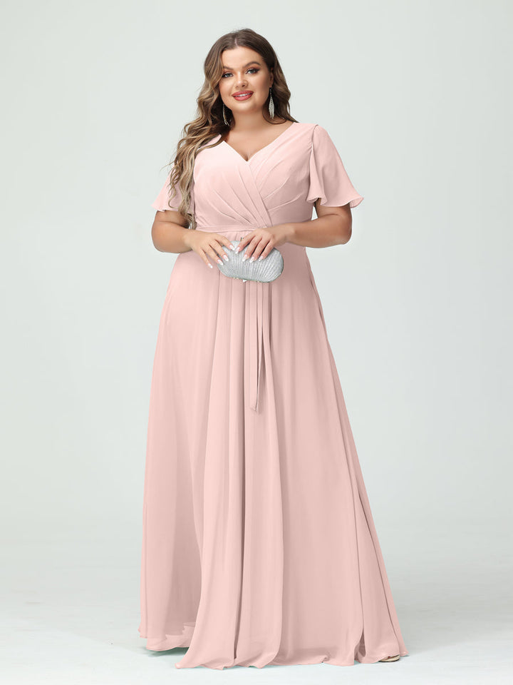 A-Line/Princess/Princess V-Neck Short Sleeves Plus Size Bridesmaid Dresses with Pockets Belt & Split Side