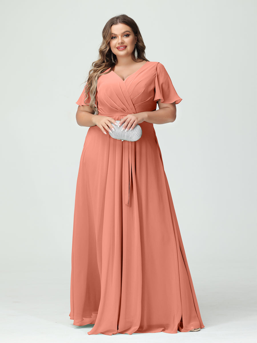 A-Line/Princess/Princess V-Neck Short Sleeves Plus Size Bridesmaid Dresses with Pockets Belt & Split Side