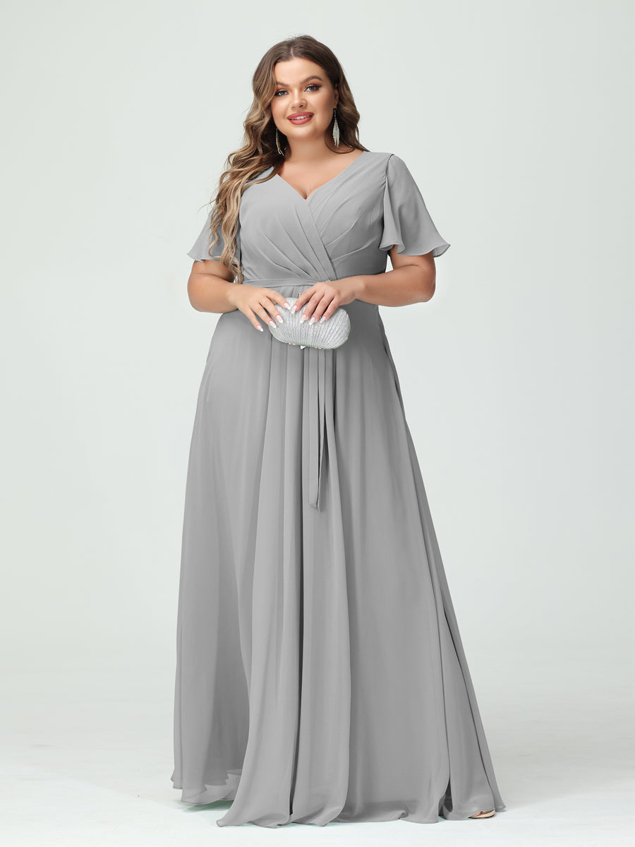 A-Line/Princess/Princess V-Neck Short Sleeves Plus Size Bridesmaid Dresses with Pockets Belt & Split Side