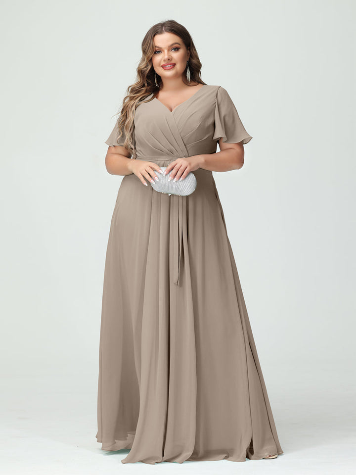 A-Line/Princess/Princess V-Neck Short Sleeves Plus Size Bridesmaid Dresses with Pockets Belt & Split Side