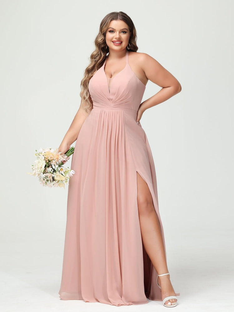 A-Line/Princess Halter Sleeveless Floor-Length Plus Size Bridesmaid Dresses with Pockets & Split Side