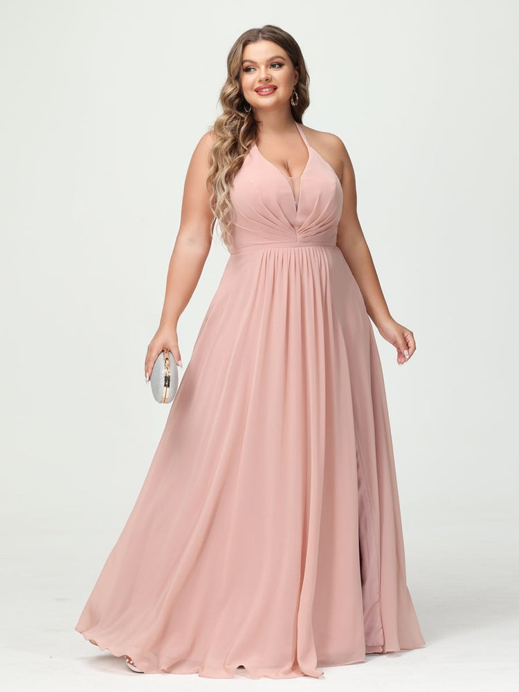 A-Line/Princess Halter Sleeveless Floor-Length Plus Size Bridesmaid Dresses with Pockets & Split Side