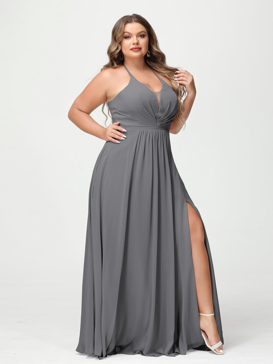 A-Line/Princess Halter Sleeveless Floor-Length Plus Size Bridesmaid Dresses with Pockets & Split Side