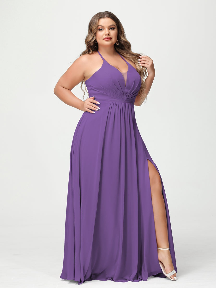 A-Line/Princess Halter Sleeveless Floor-Length Plus Size Bridesmaid Dresses with Pockets & Split Side