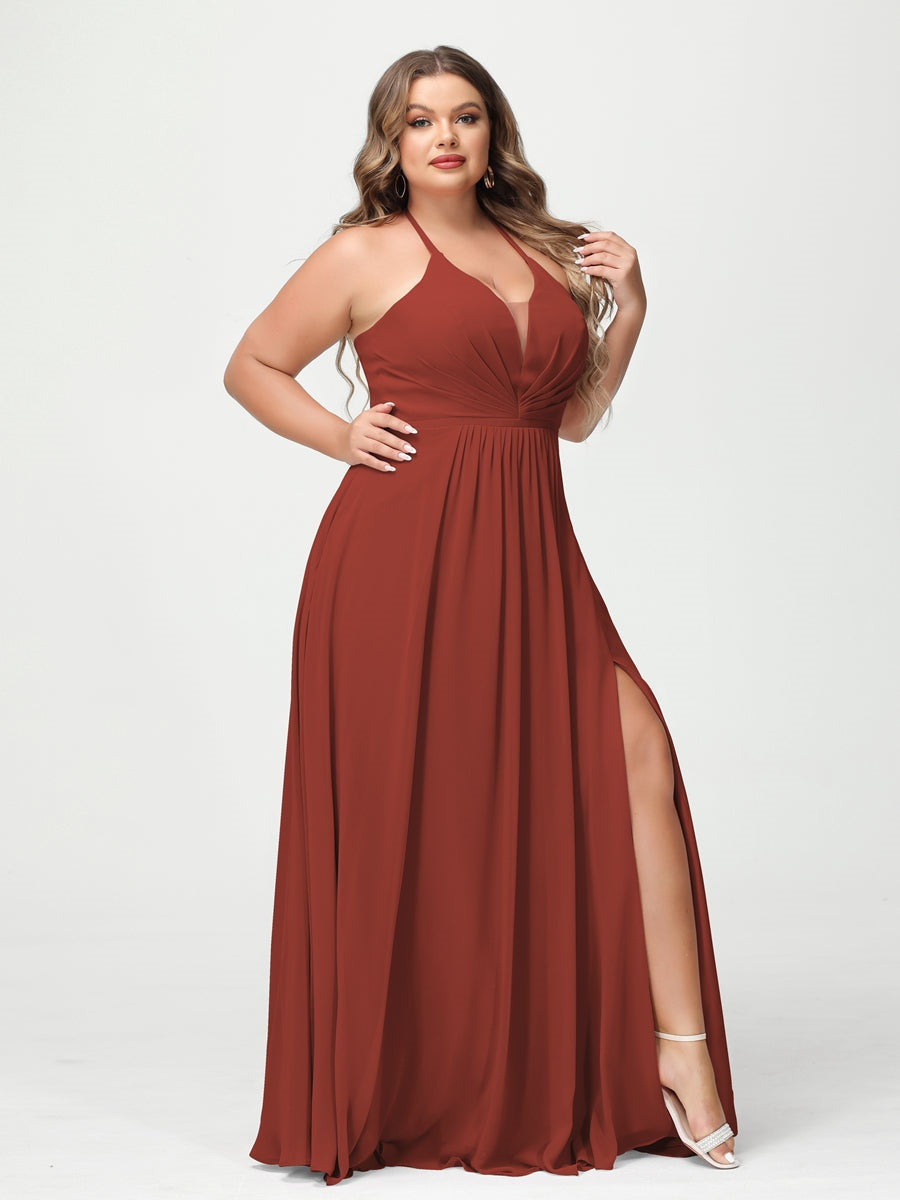 A-Line/Princess Halter Sleeveless Floor-Length Plus Size Bridesmaid Dresses with Pockets & Split Side