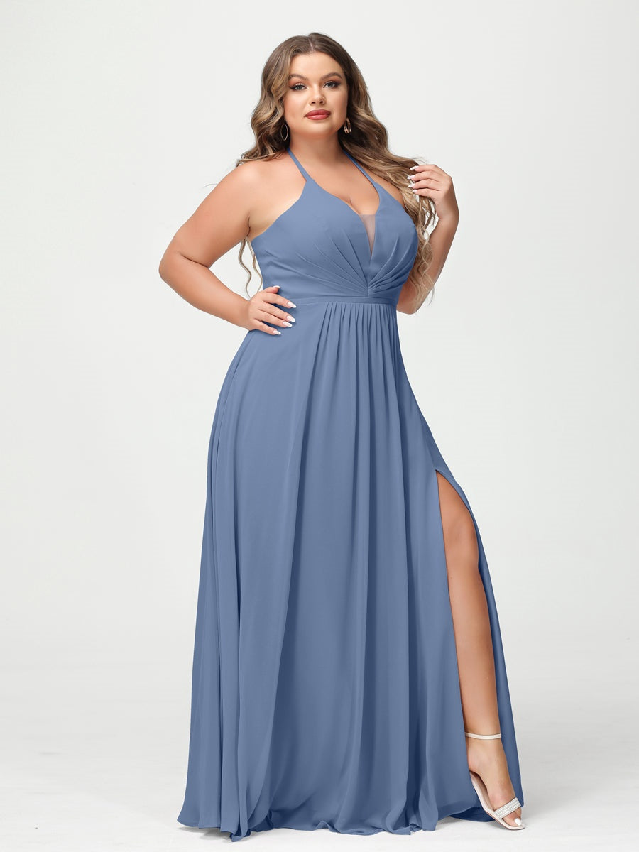 A-Line/Princess Halter Sleeveless Floor-Length Plus Size Bridesmaid Dresses with Pockets & Split Side