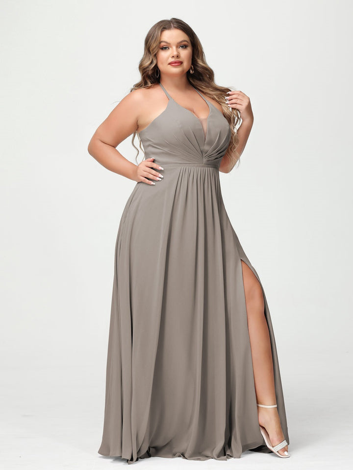 A-Line/Princess Halter Sleeveless Floor-Length Plus Size Bridesmaid Dresses with Pockets & Split Side