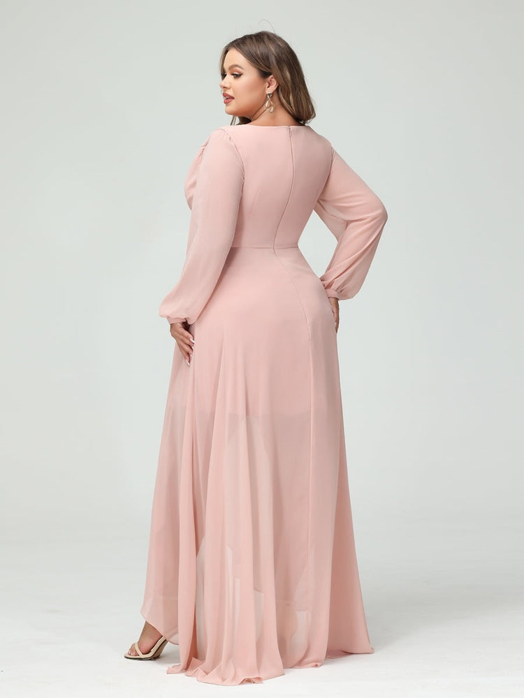 A-Line/Princess V-Neck Long Sleeves Asymmetrical Plus Size Bridesmaid Dresses with Pockets