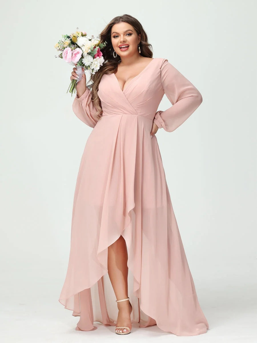 A-Line/Princess V-Neck Long Sleeves Asymmetrical Plus Size Bridesmaid Dresses with Pockets