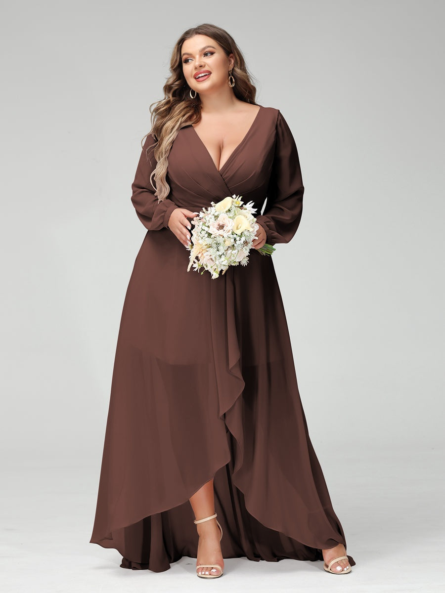 A-Line/Princess V-Neck Long Sleeves Asymmetrical Plus Size Bridesmaid Dresses with Pockets