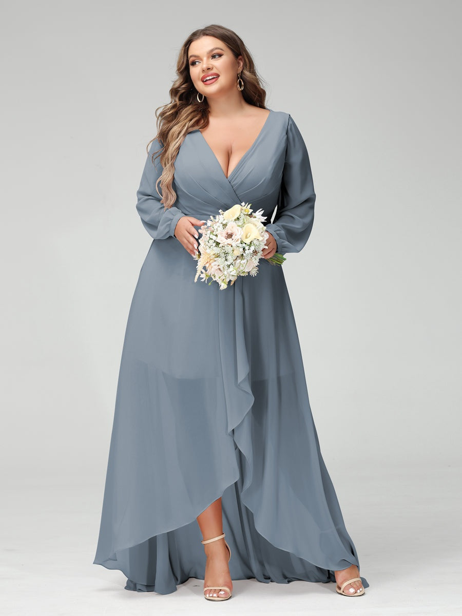 A-Line/Princess V-Neck Long Sleeves Asymmetrical Plus Size Bridesmaid Dresses with Pockets