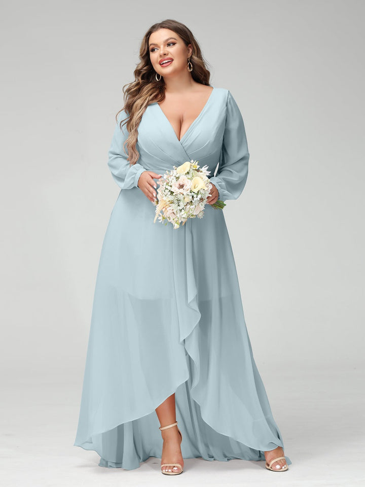 A-Line/Princess V-Neck Long Sleeves Asymmetrical Plus Size Bridesmaid Dresses with Pockets