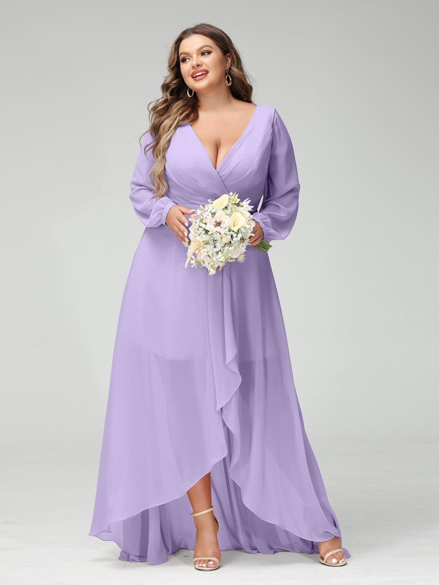 A-Line/Princess V-Neck Long Sleeves Asymmetrical Plus Size Bridesmaid Dresses with Pockets