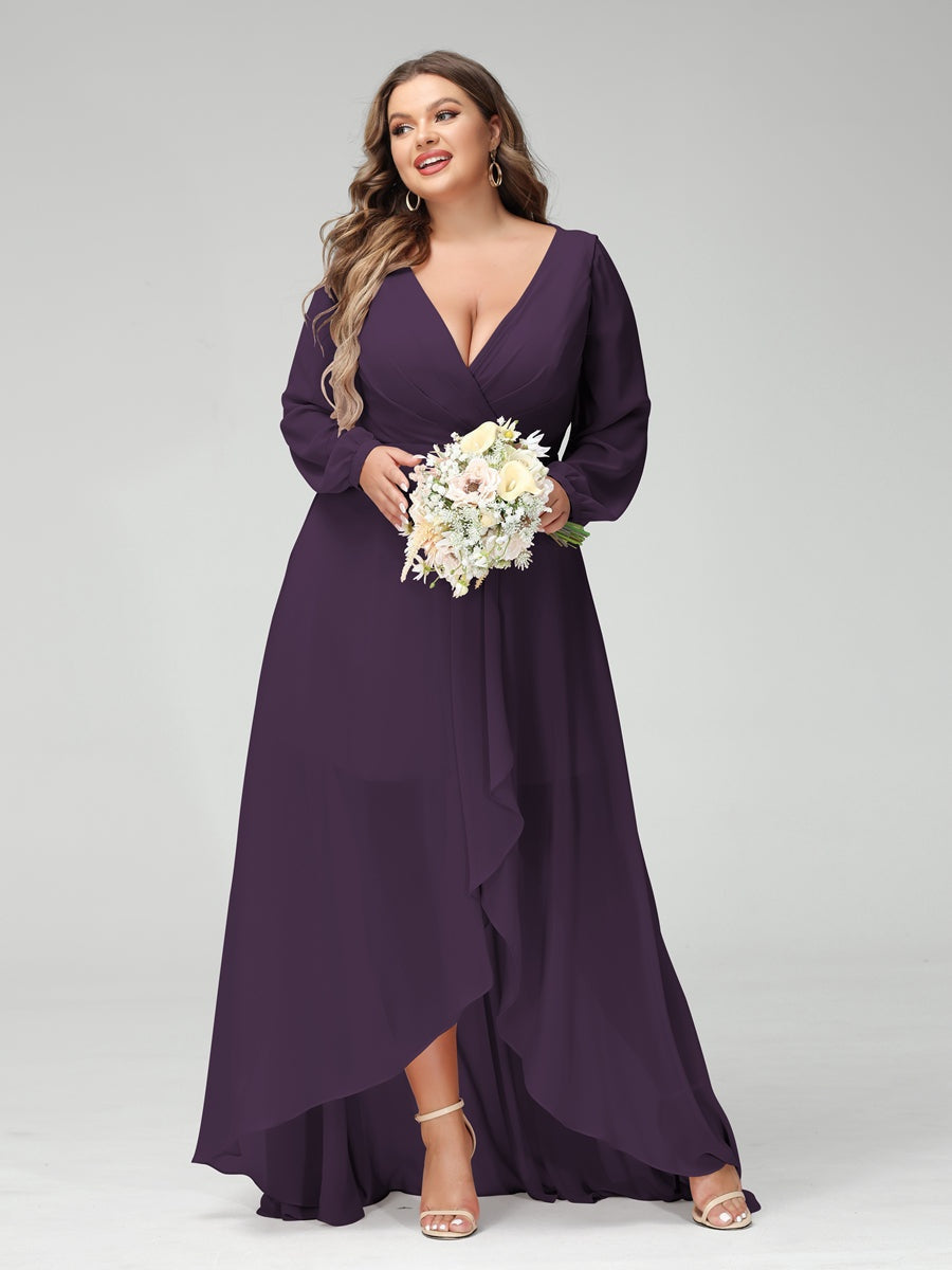 A-Line/Princess V-Neck Long Sleeves Asymmetrical Plus Size Bridesmaid Dresses with Pockets