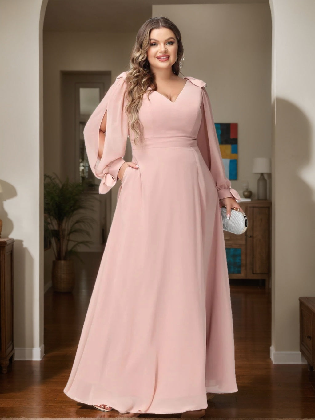 A-Line/Princess V-Neck Long Sleeves Plus Size Bridesmaid Dresses with Pockets & Split Side