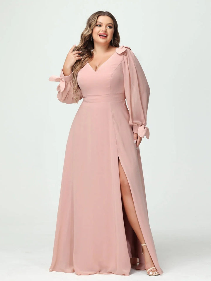 A-Line/Princess V-Neck Long Sleeves Plus Size Bridesmaid Dresses with Pockets & Split Side