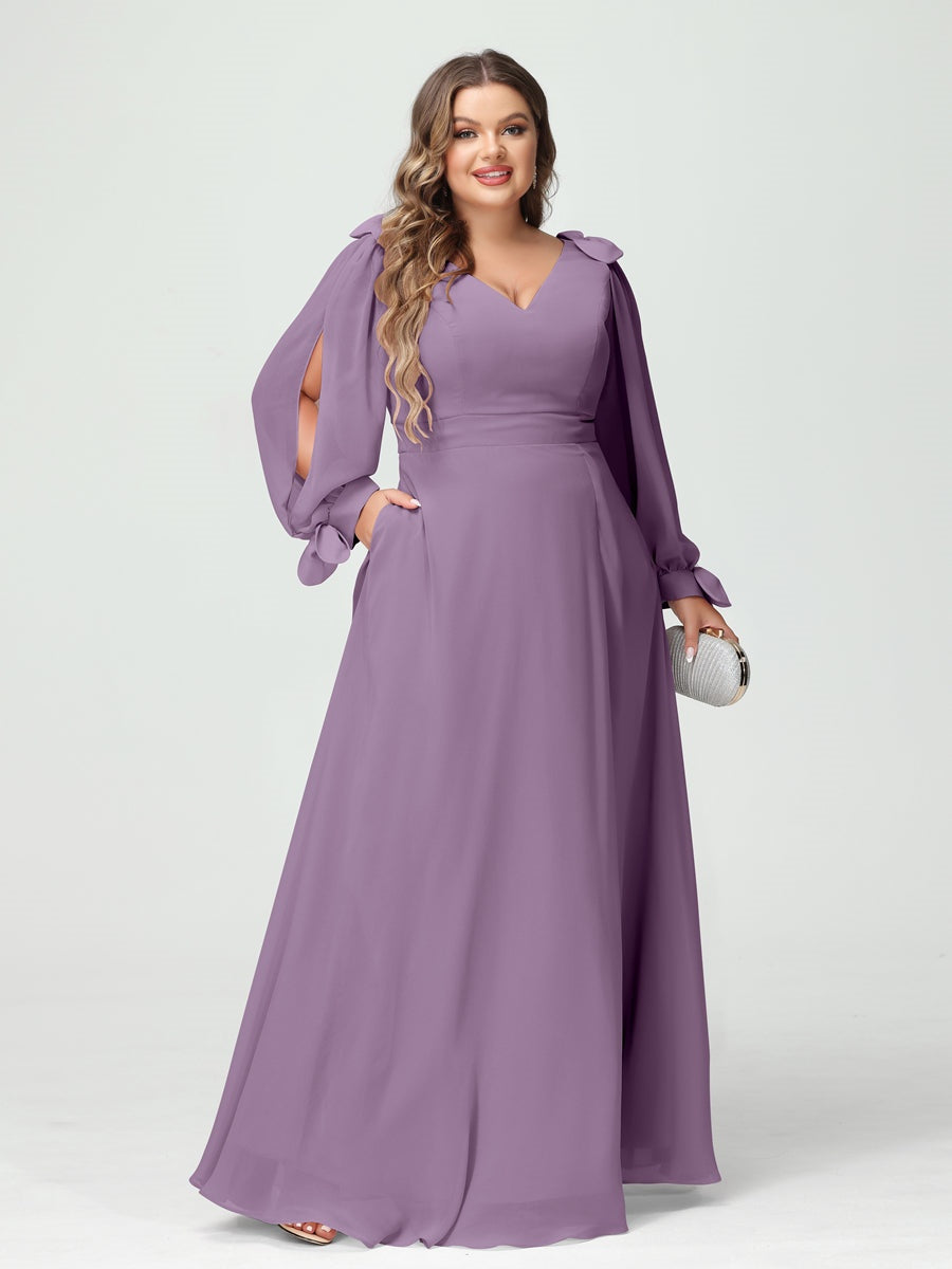 A-Line/Princess V-Neck Long Sleeves Plus Size Bridesmaid Dresses with Pockets & Split Side