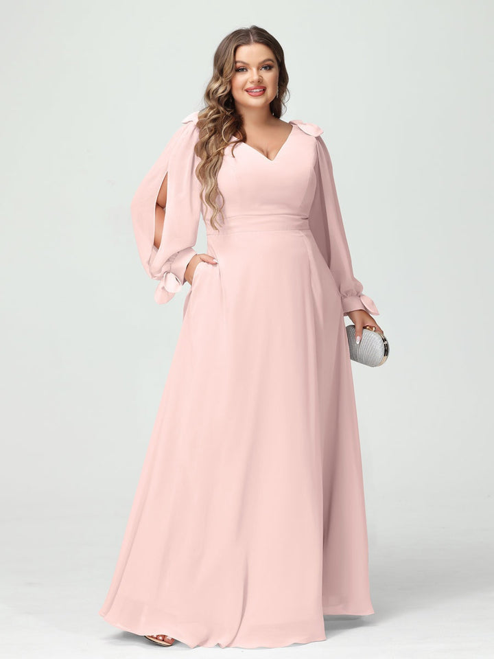 A-Line/Princess V-Neck Long Sleeves Plus Size Bridesmaid Dresses with Pockets & Split Side