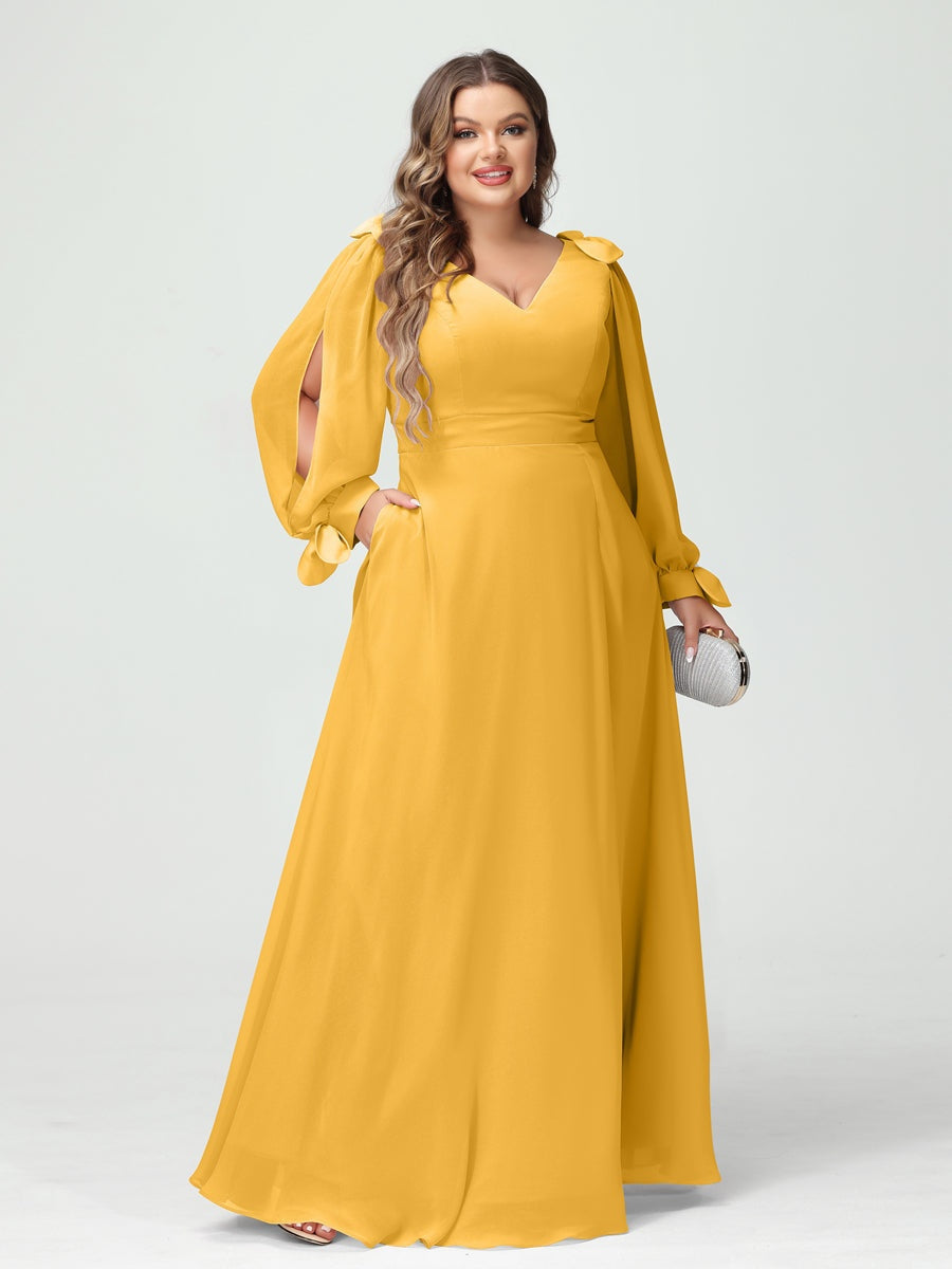 A-Line/Princess V-Neck Long Sleeves Plus Size Bridesmaid Dresses with Pockets & Split Side