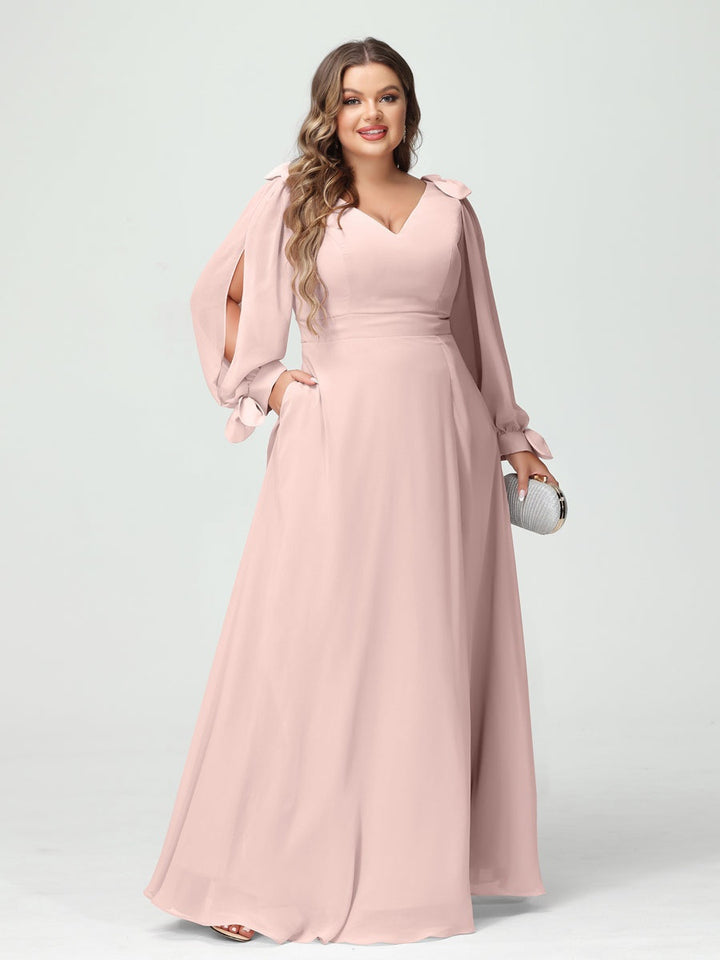 A-Line/Princess V-Neck Long Sleeves Plus Size Bridesmaid Dresses with Pockets & Split Side