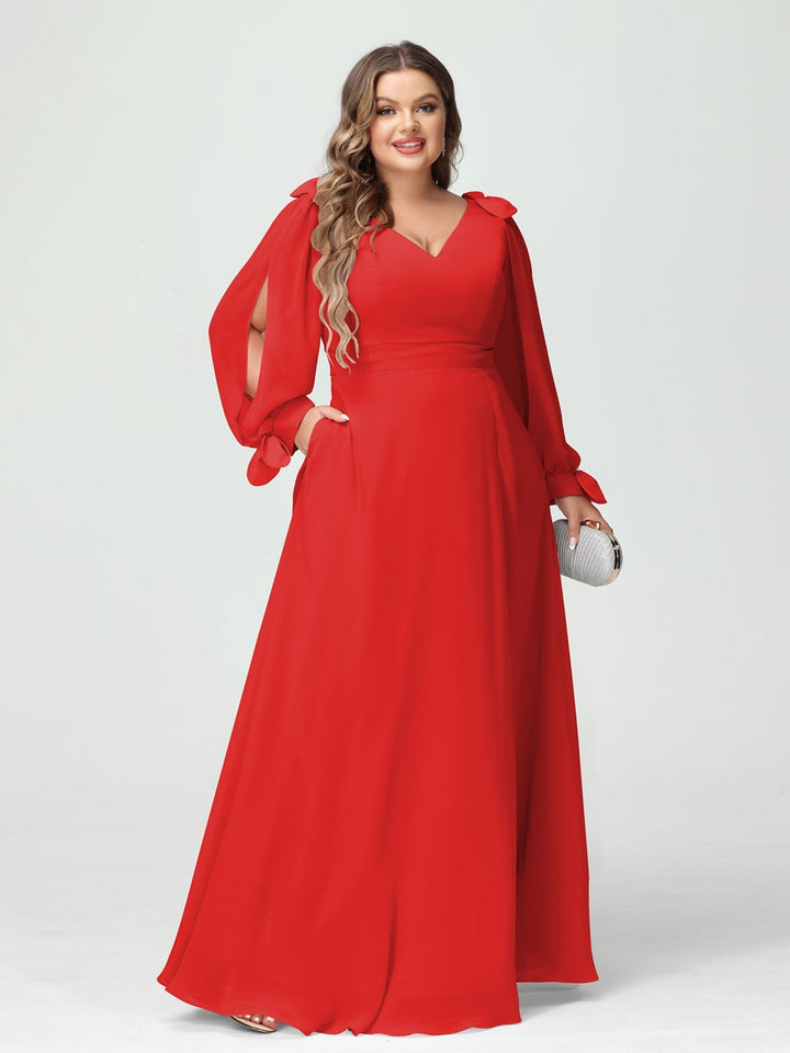 A-Line/Princess V-Neck Long Sleeves Plus Size Bridesmaid Dresses with Pockets & Split Side