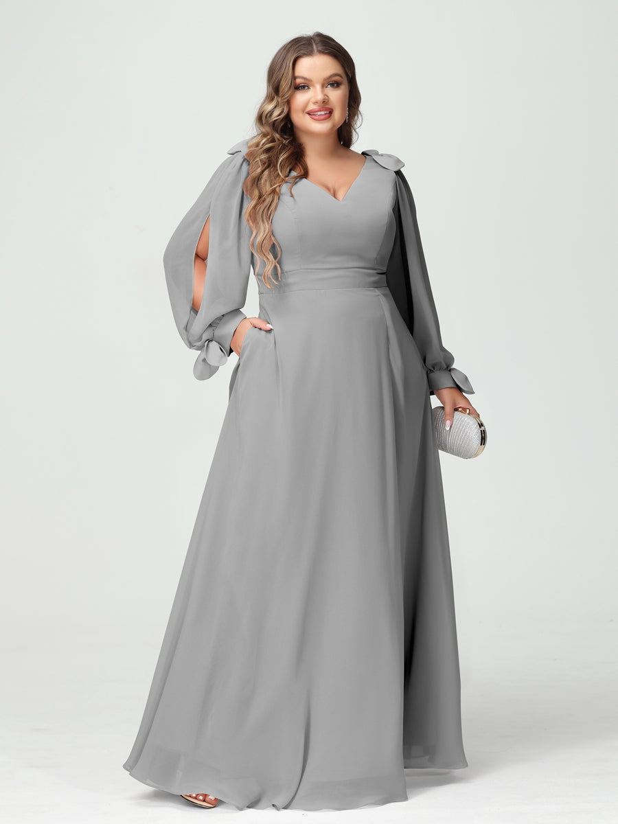 A-Line/Princess V-Neck Long Sleeves Plus Size Bridesmaid Dresses with Pockets & Split Side