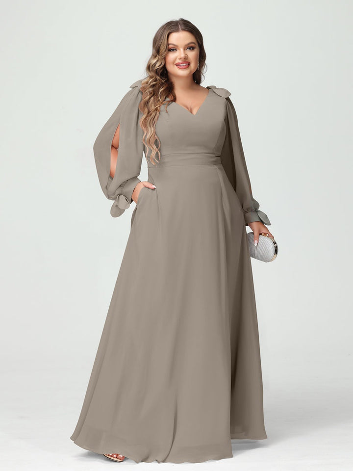 A-Line/Princess V-Neck Long Sleeves Plus Size Bridesmaid Dresses with Pockets & Split Side