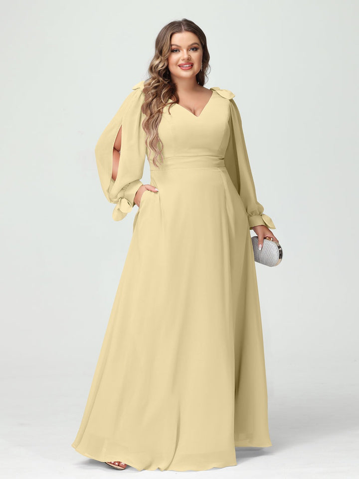 A-Line/Princess V-Neck Long Sleeves Plus Size Bridesmaid Dresses with Pockets & Split Side