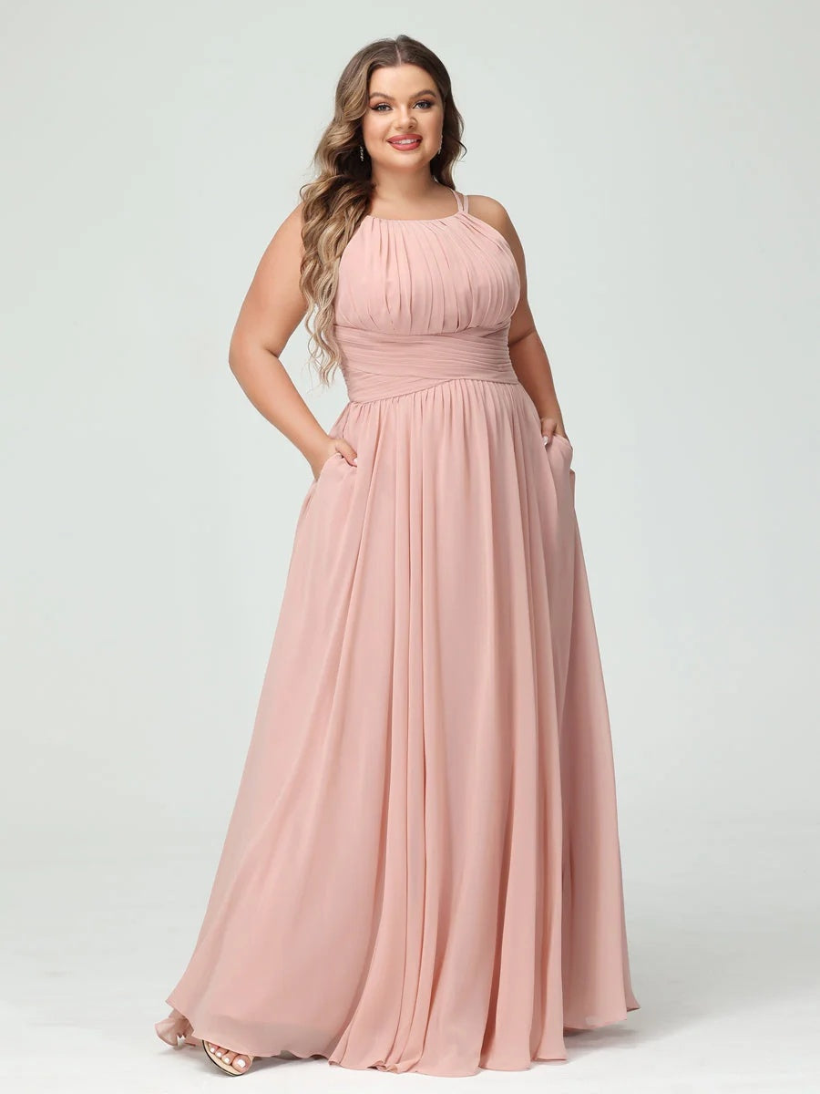 A-Line/Princess Spaghetti Straps Sleeveless Plus Size Bridesmaid Dresses with Pockets