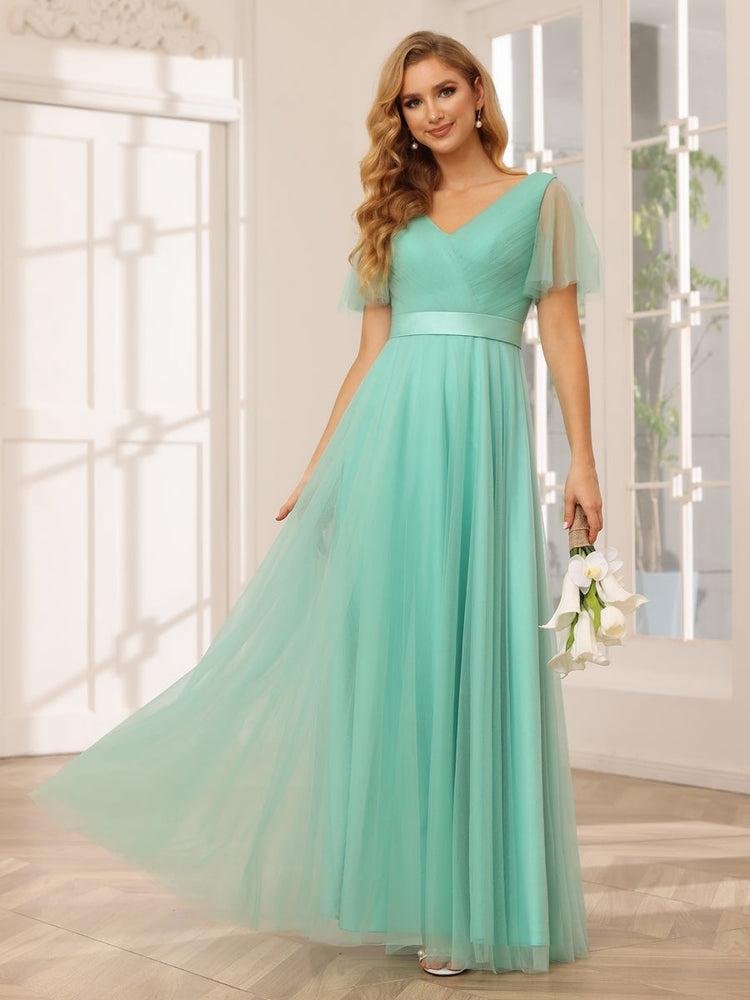 A-Line/Princess V-Neck Short Sleeves Floor-Length Long Bridesmaid Dresses with Lace