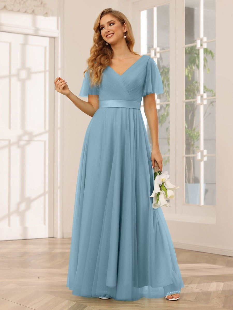 A-Line/Princess V-Neck Short Sleeves Floor-Length Long Bridesmaid Dresses with Lace