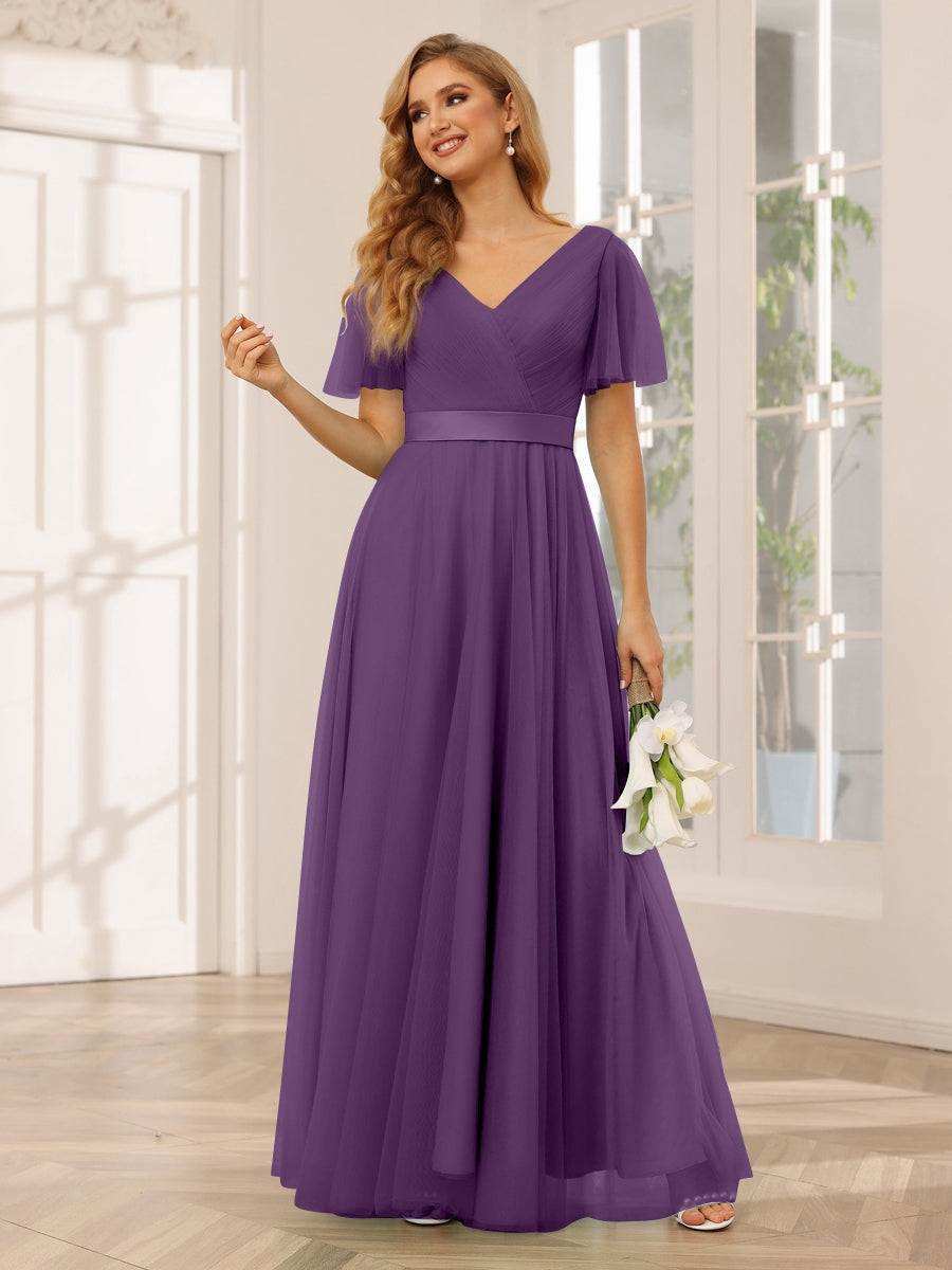 A-Line/Princess V-Neck Short Sleeves Floor-Length Long Bridesmaid Dresses with Lace